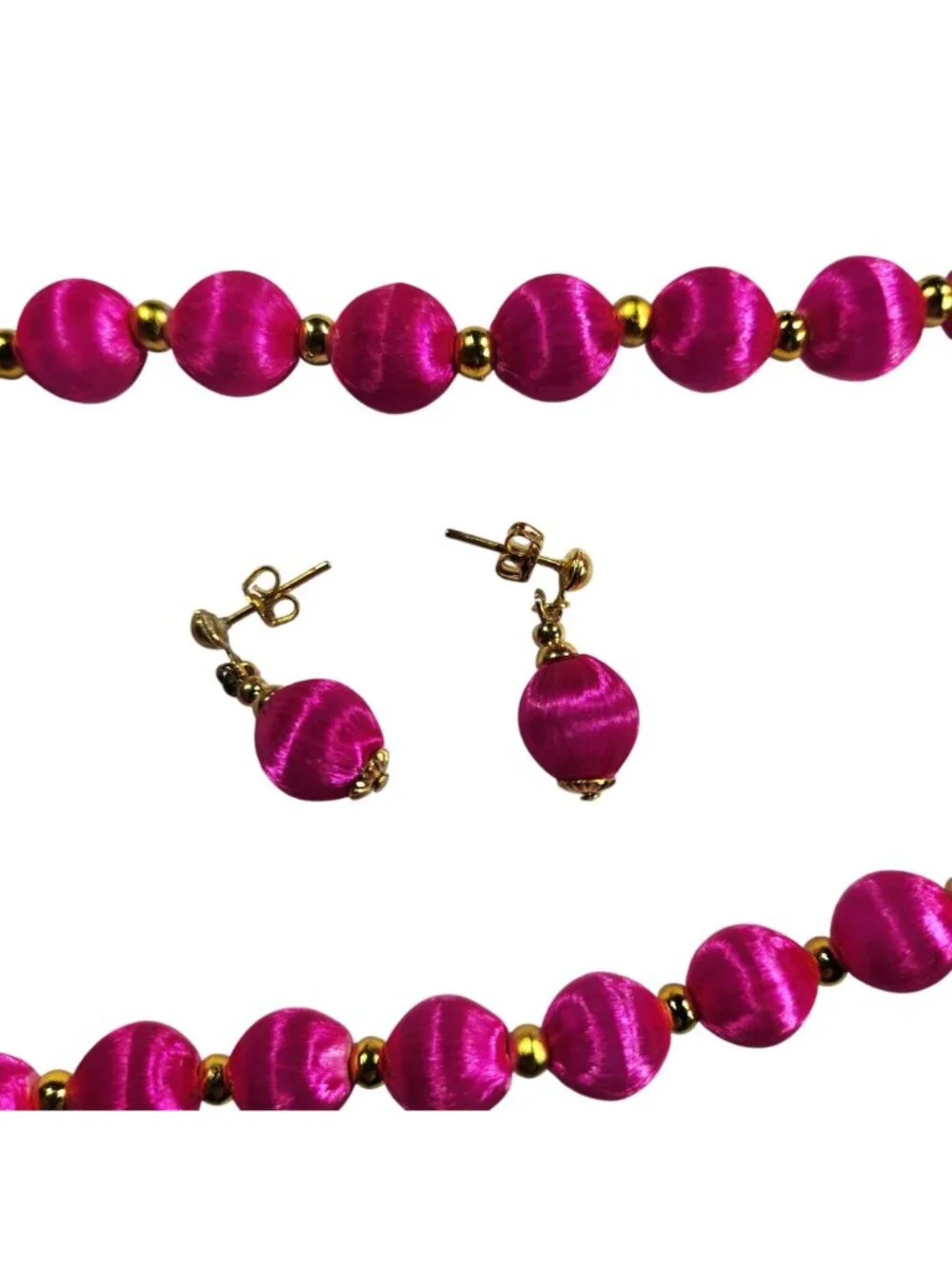 Pink Thread Beaded Necklace Matching Earrings Set Gold-Tone Womens Jewelry